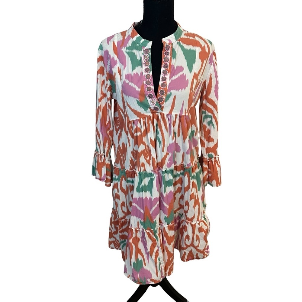 Sheridan French Mini Dress Colorful Beaded Summer Cotton Boho Beach Size Large